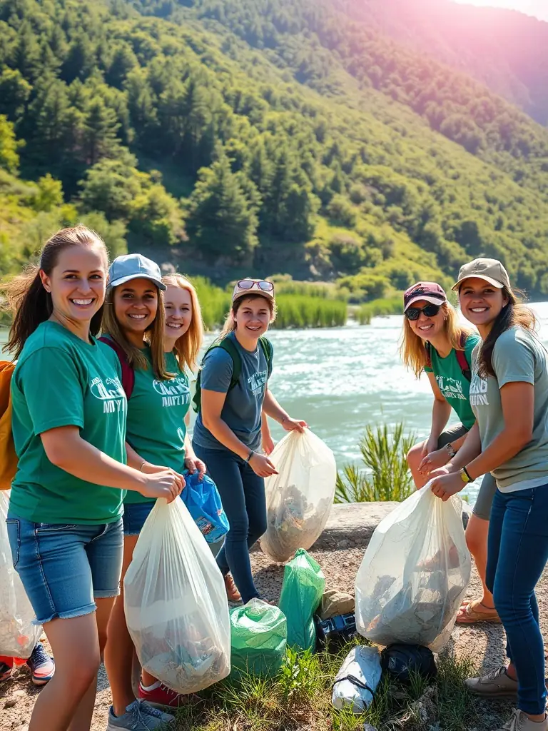 A group of volunteers removing trash from a riverbank, illustrating MEIGN HENT HA DOUR's waterway cleanup efforts.