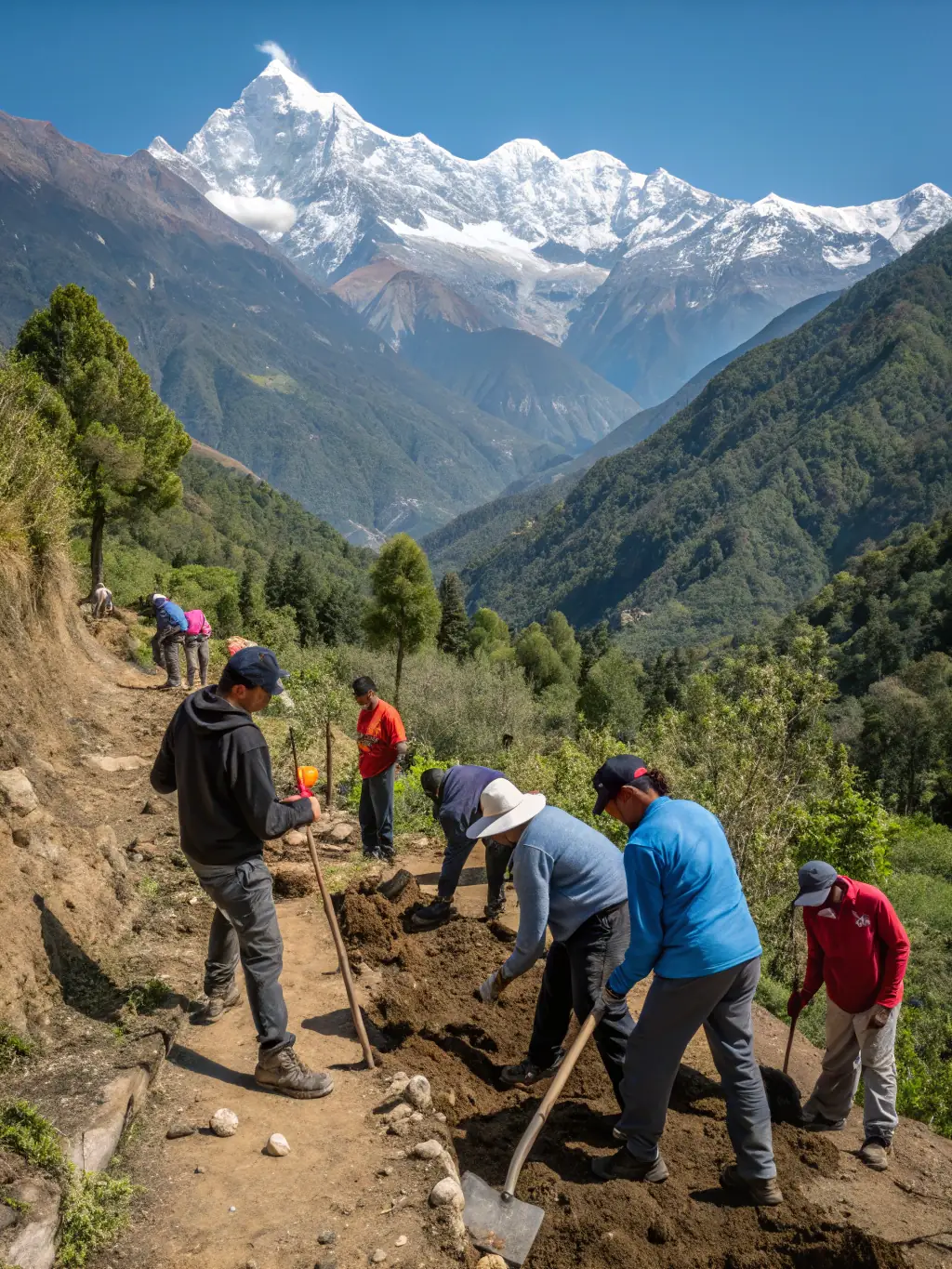 A scenic hiking trail winding through lush greenery with volunteers working on trail repairs, showcasing MEIGN HENT HA DOUR's trail maintenance program.