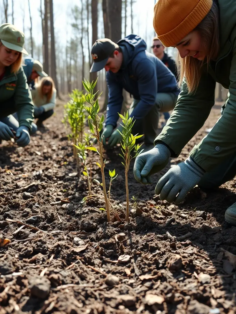 A group of volunteers planting trees in a deforested area, symbolizing MEIGN HENT HA DOUR's commitment to environmental restoration and sustainability.