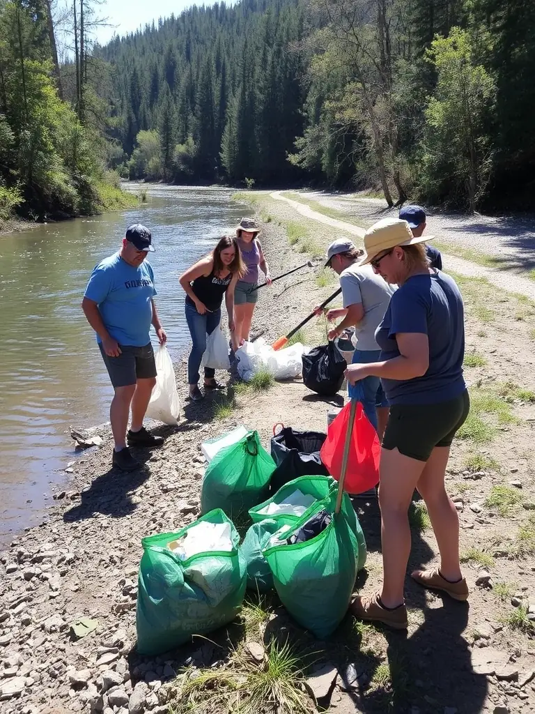 Volunteers collecting trash along a riverbank with clear water and natural surroundings, illustrating MEIGN HENT HA DOUR's waterway cleanup efforts.